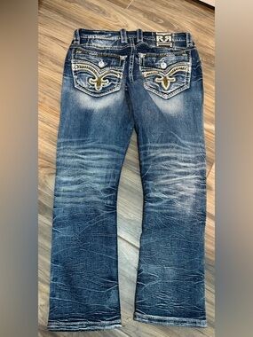 Rock Revival Men's Straight Jeans - Dark Blue with Faded Wash